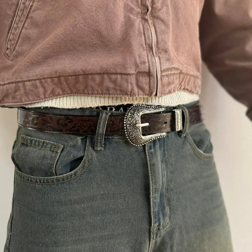 y2k brown leather and silver western cowboy boho belt - Picture 7 of 9